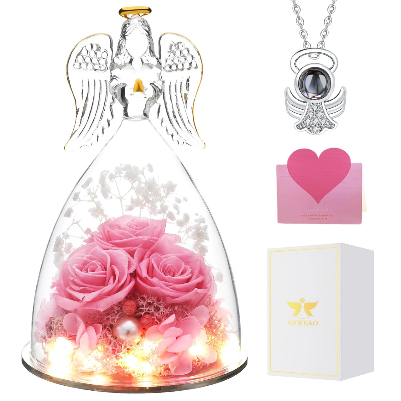 ANWEAO Gifts for Mom Birthday Gifts for Women,Preserved Flowers Rose in Glass Angel Figurines Flowers for Delivery,Preserved Three Red Rose with Lights,Birthday for Mom Women Grandma Wife